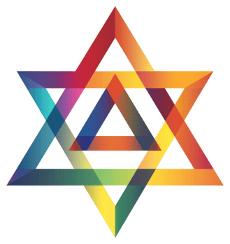 A colorful, geometric star design, overlapping triangles of vibrant hues. png