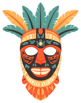 A vibrant tribal mask adorned with colorful feathers. png