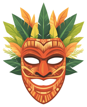 A vibrant tiki mask adorned with tropical foliage. png