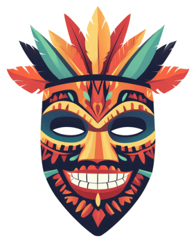 A vibrant colorful tribal mask adorned with feathers. png
