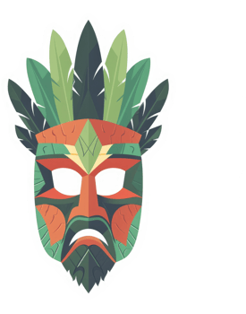 A vibrant, stylized tribal mask adorned with feathers. png
