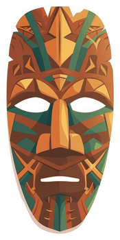 A stylized illustration of a tribal mask, showcasing intricate geometric patterns. png