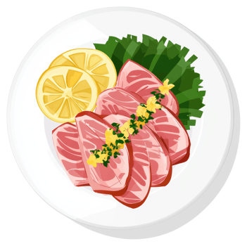 Seared tuna slices with lemon and herbs on a plate. png