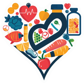 A heart-shaped design filled with various nutritious foods and health supplements, symbolizing a healthy lifestyle. png