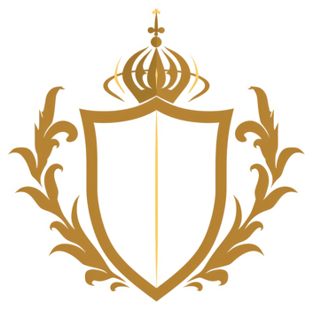 Ornate golden shield emblem with royal crown. png