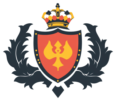 An ornate heraldic shield design with a crown and decorative foliage. png