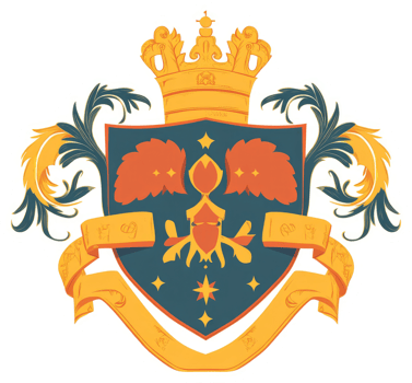 A vibrant heraldic emblem featuring a crowned shield, ornate details, and a decorative scroll. png