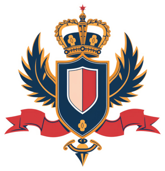 A heraldic emblem featuring a shield, crown, and decorative ribbons. png