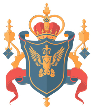 A stylized heraldic shield with a crown and decorative ribbons. png