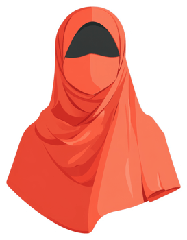 A woman wearing a vibrant orange hijab with a dark face covering. png