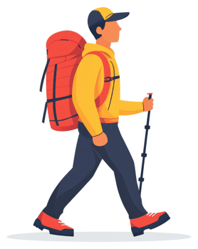A hiker with a large red backpack, walking with trekking poles. png