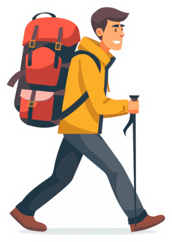 A hiker with a large backpack and trekking poles. png