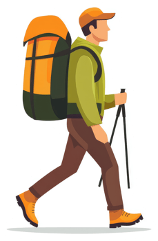 A hiker with a large orange and dark-green backpack and walking poles. png