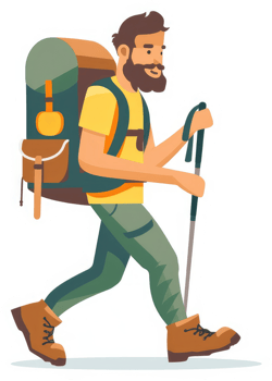 A man hiking with a backpack and trekking poles. png