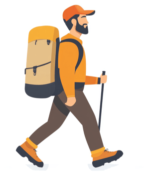 A man hiking with a large backpack and trekking poles. png
