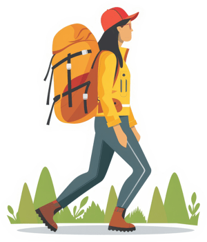 A woman hiking with a large orange backpack. png