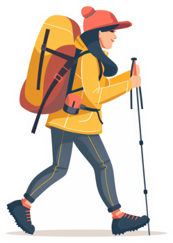A cheerful hiker with a large backpack and trekking poles. png