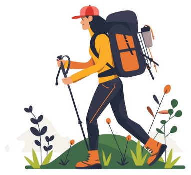 A woman hiking with a backpack and trekking poles on a hill. png