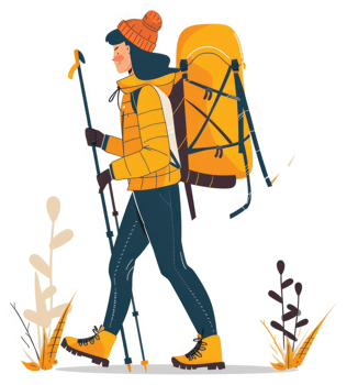 A woman hiking with trekking poles and a large backpack. png