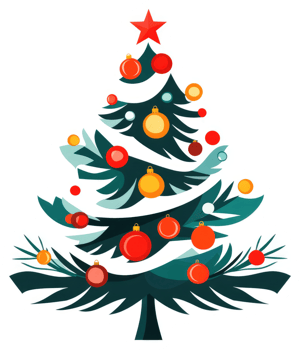 A stylized christmas tree decorated with colorful ornaments. png