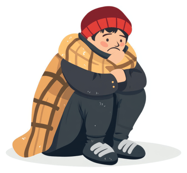 A young person huddled in a blanket, appearing cold and alone. png