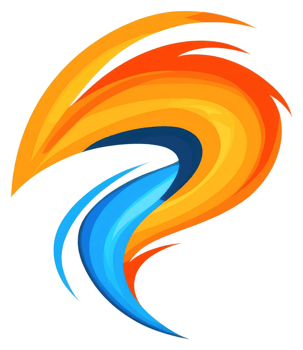 A dynamic logo design featuring interwoven, vibrant orange and blue abstract shapes. png