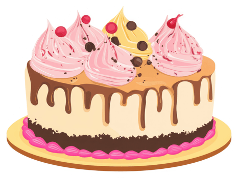 A colorful layered cake decorated with pink frosting, chocolate drizzle, and chocolate chips. png