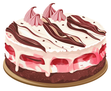 A delightful layered strawberry cake with creamy frosting and chocolate swirls. png