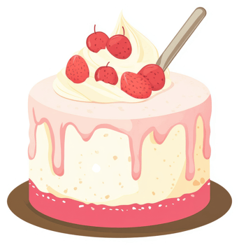 A delectable strawberry cake topped with whipped cream and drizzled with pink icing. png