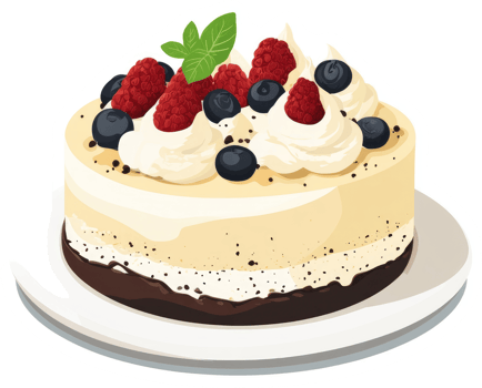 A delicious layered cake decorated with fresh berries and whipped cream. png