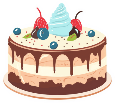A delightful layered cake adorned with fresh berries, whipped cream, and chocolate. png