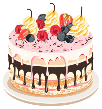 A vibrant fruit-topped cake with drizzled chocolate and whipped cream. png