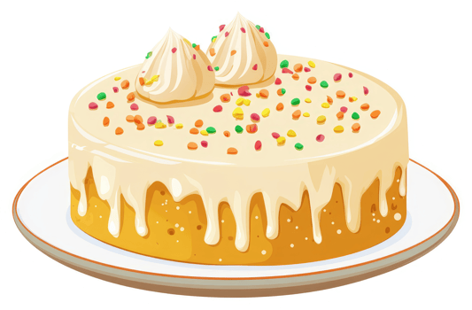 A round cake with white icing and colorful sprinkles. png