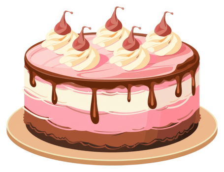 A delicious layered cake adorned with whipped cream and chocolate drizzle. png