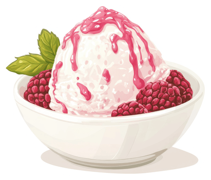 A bowl of creamy vanilla ice cream topped with raspberry sauce and fresh raspberries. png