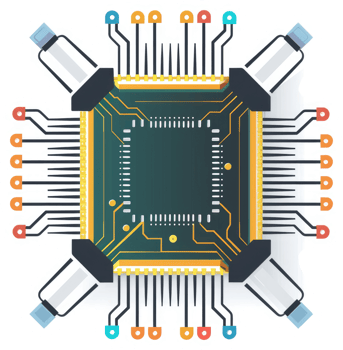 A detailed illustration of a complex computer circuit board. png