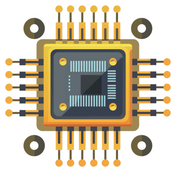 A stylized illustration of a computer chip with multiple pins. png