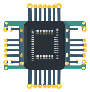 A top-down view of a computer chip with its connections. png