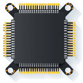 Top-down view of a square integrated circuit chip with gold-colored pins. png