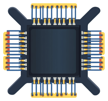 A detailed illustration of a square integrated circuit package with numerous connections. png