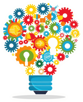 A colorful lightbulb concept showcasing interconnected gears representing innovative ideas. png