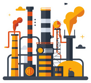 A stylized illustration of a large industrial plant emitting smoke. png
