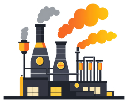 A stylized illustration of a large industrial factory emitting smoke. png