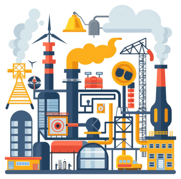 A colorful illustration of a complex industrial factory with various machines and structures. png
