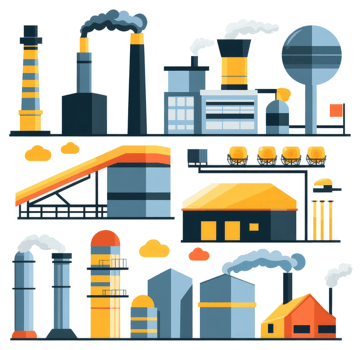 Colorful industrial complex with various factory buildings and equipment. png