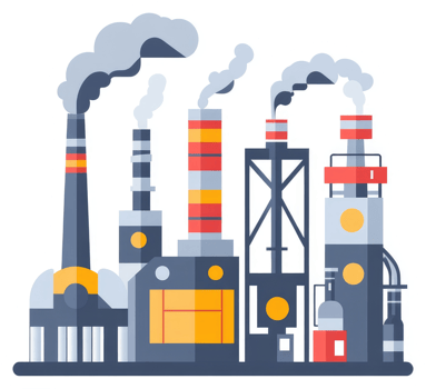 Colorful illustration of a factory complex emitting smoke. png