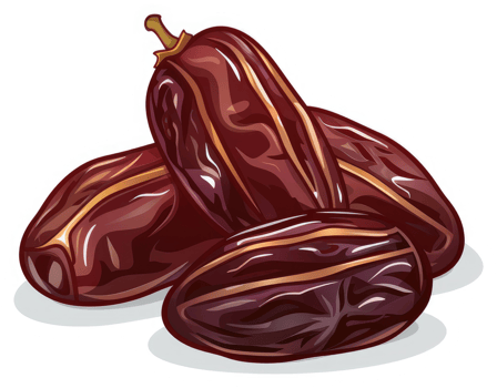 A close-up illustration of three plump, dark dates. png