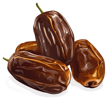 Three plump dates, glistening with a rich, dark brown hue. png