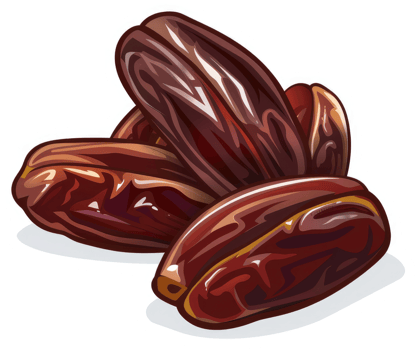 A close-up depiction of several plump, dried dates. png