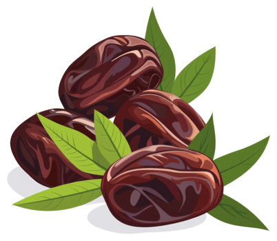 A cluster of plump, dark dates surrounded by lush green leaves. png